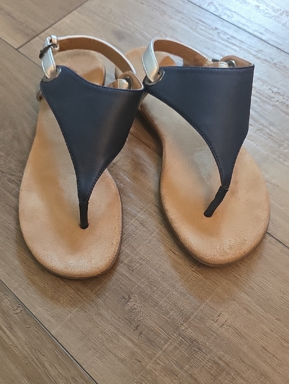 AEROSOLES Navy Blue and Silver T-Strap Slingback Sandals
